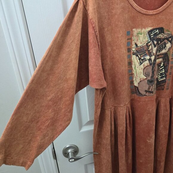 Vintage 90s Maxi Dress Rust Orange Pleated Long Sleeve Abstract Music Guitar - Picture 4 of 10